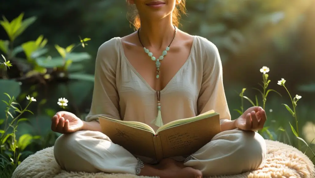 Peaceful woman journaling and meditating in sunlight to reduce stress and support gut hormone balance. how shou.d i add this text to image