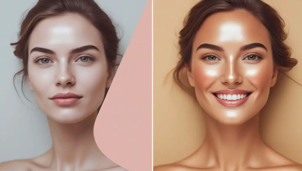 Before and after comparison of a tired, bloated woman vs. glowing, energized skin after gut hormone reset.