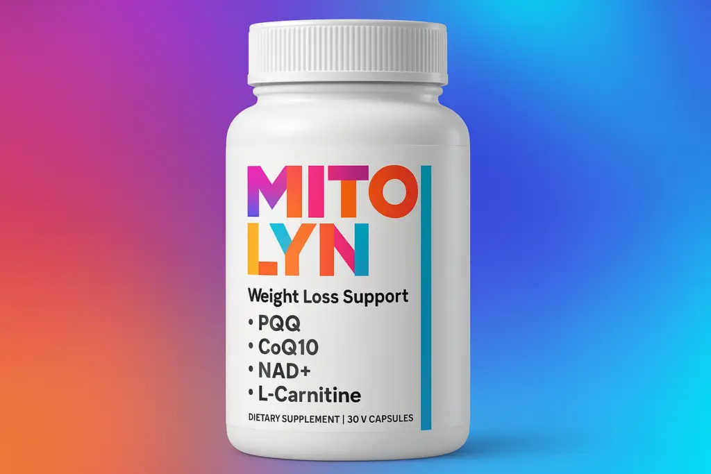 Mitolyn supplement ingredients including PQQ, CoQ10, NAD+, and L-Carnitine shown on a label.