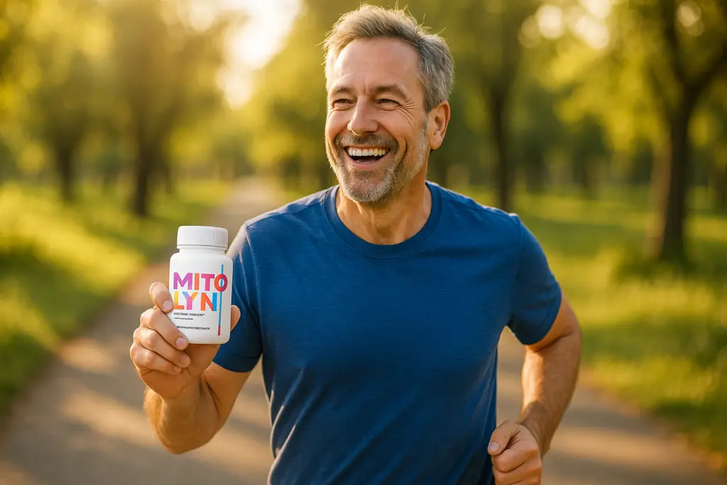 Happy man running outdoors after using Mitolyn energy supplement