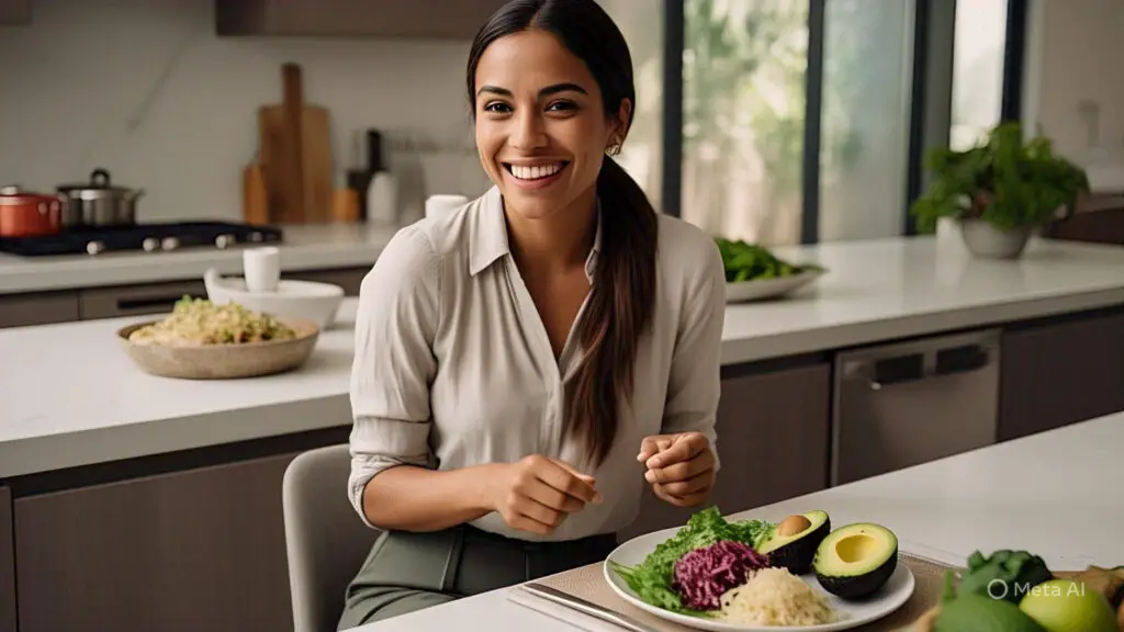 Woman eating gut-healthy foods — gut health for skin and mood.